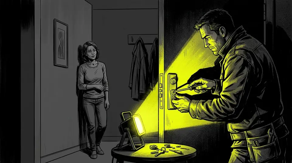 Ilustración de cómic: un cerrajero de perfil instala un cilindro de seguridad en una puerta abierta mientras la propietaria observa aliviada desde el pasillo.