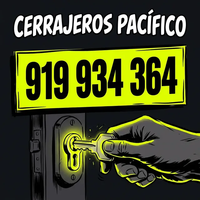 Cerrajeros Pacífico, teléfono 919 934 364: ilustración de cómic de una mano que gira una llave en una cerradura iluminada en amarillo.