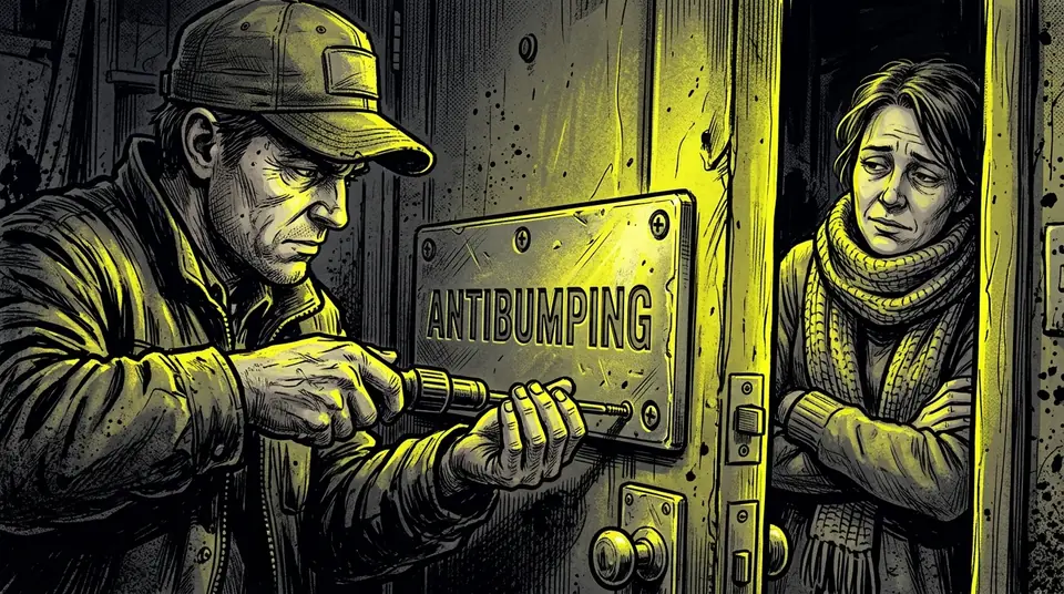 Ilustración de cómic: primer plano de un cerrajero atornillando una placa de protección con la palabra ANTIBUMPING en una puerta robusta.