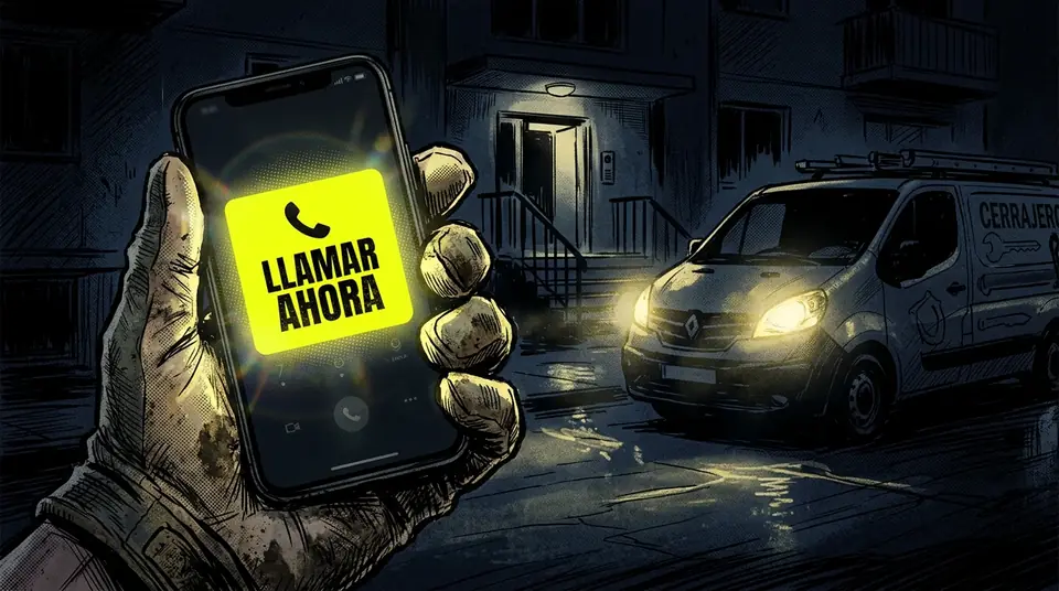 Ilustración de cómic: una mano sostiene un móvil que brilla en amarillo con el botón LLAMAR AHORA; al fondo, la furgoneta del cerrajero con los faros encendidos.